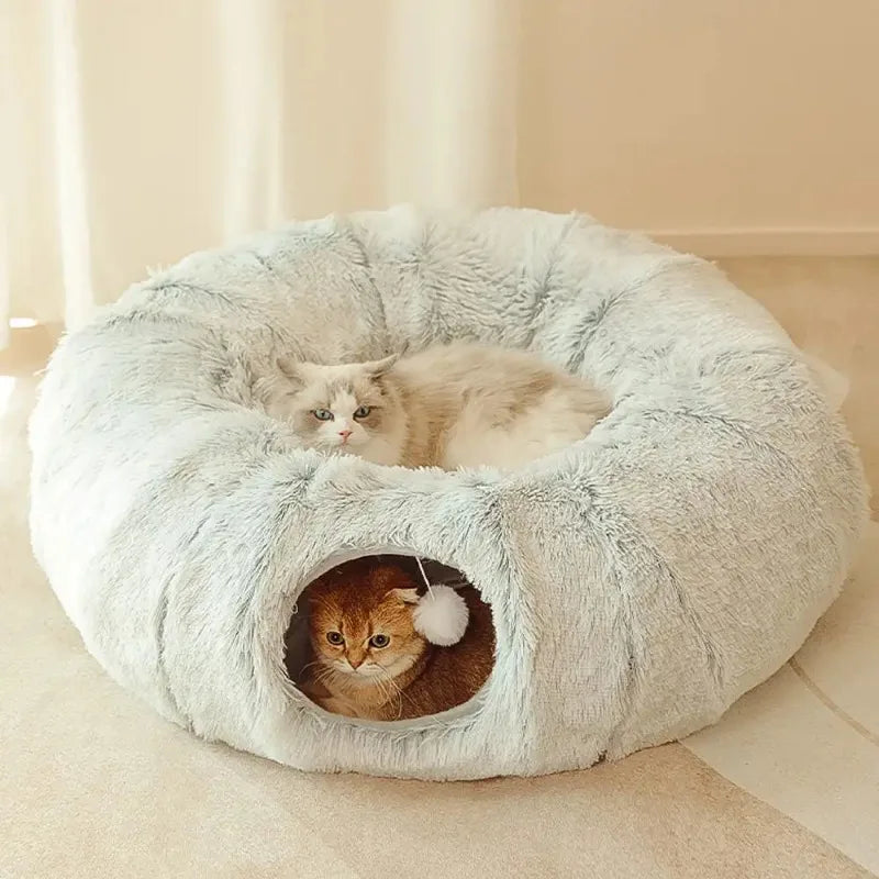 Cama de gato de pelúcia com túnel para gatos internos, cama de túnel de gato multifuncional com olho mágico, cama de gato rosquinha fofa com túnel