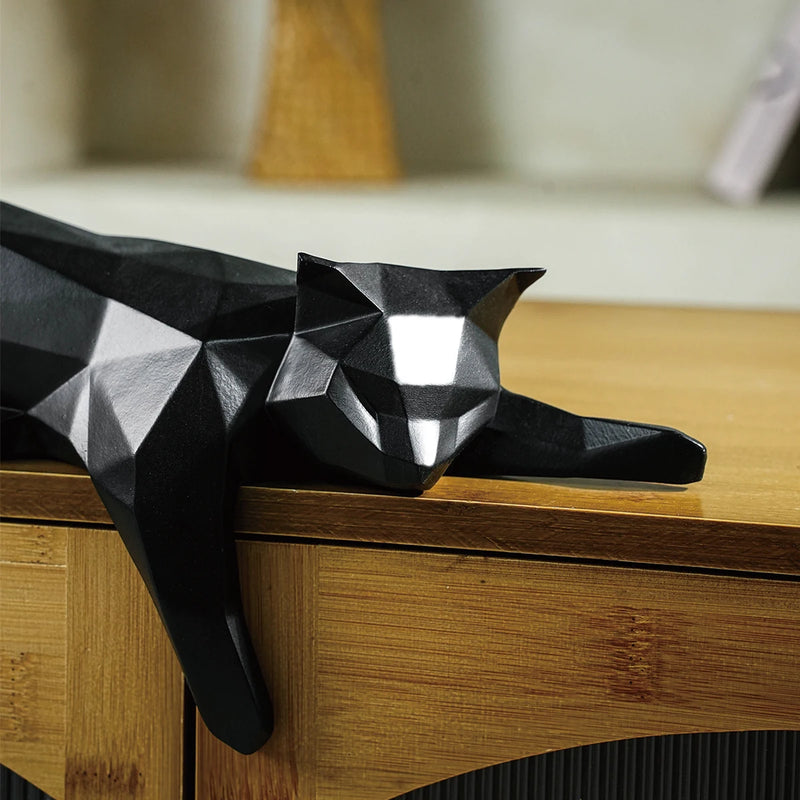 Estátua de gato preto branco-geométrica moderna decoração do quarto estatueta escultura para escritório em casa como mesa prateleira decoração gato deitado