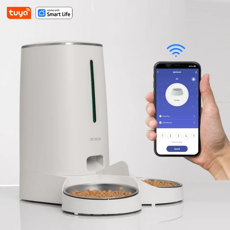 Alimentadores automáticos de gato WiFi para 2 gatos, dispensador de comida de gato 4L com controle de APP, tigelas duplas de aço inoxidável, alarmes de baixa comida