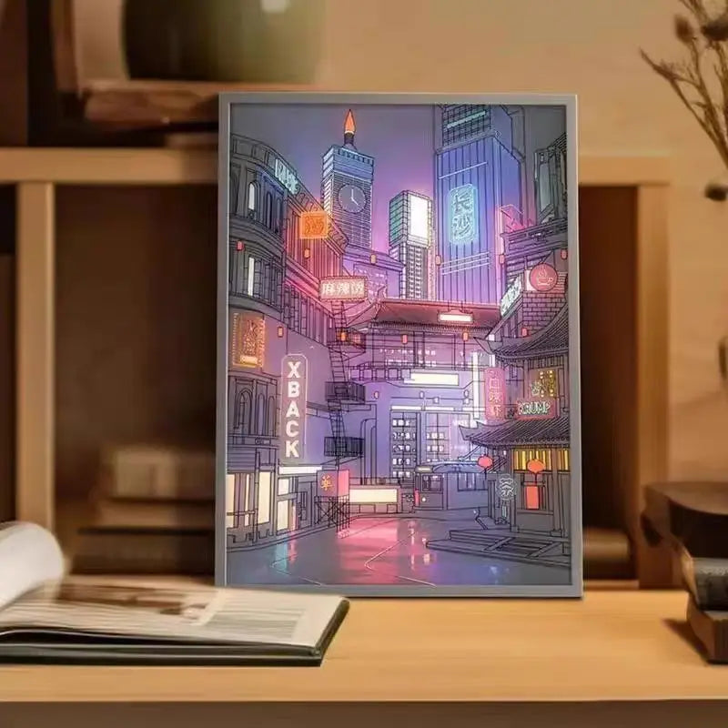 Anime led bela cidade visão noturna pintura de luz, imagem hd moldura estreita plugue usb escurecimento romântico decorações para casa lâmpada noturna