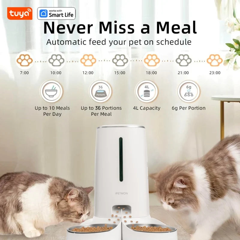 Alimentadores automáticos de gato WiFi para 2 gatos, dispensador de comida de gato 4L com controle de APP, tigelas duplas de aço inoxidável, alarmes de baixa comida