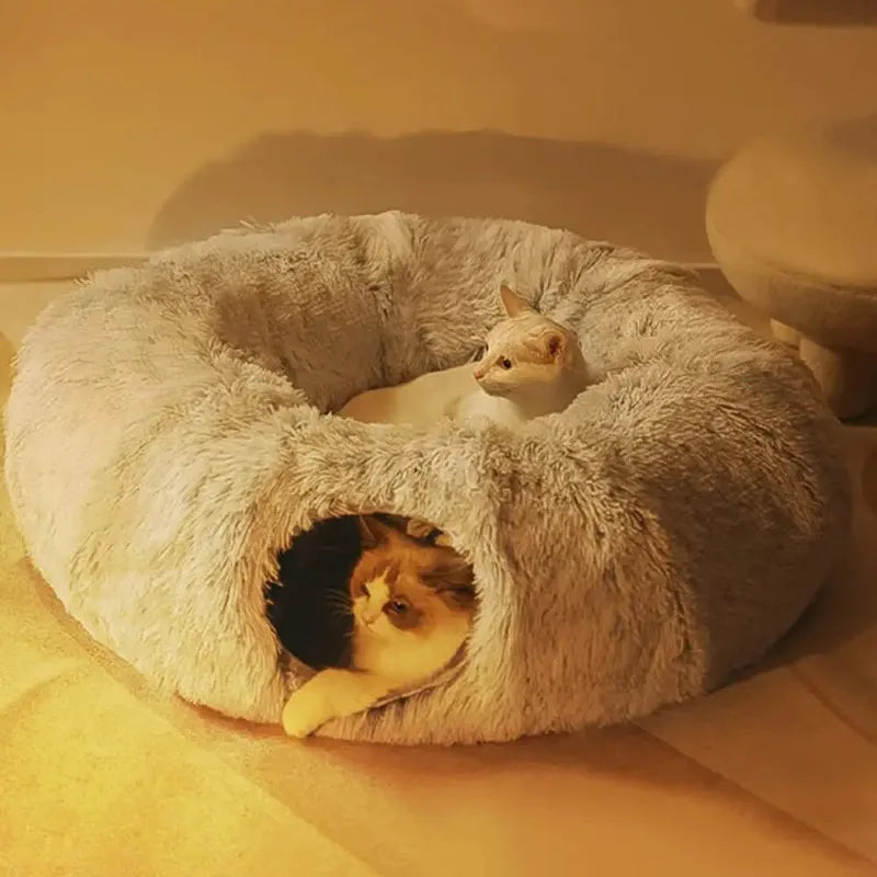 Cama de gato de pelúcia com túnel para gatos internos, cama de túnel de gato multifuncional com olho mágico, cama de gato rosquinha fofa com túnel