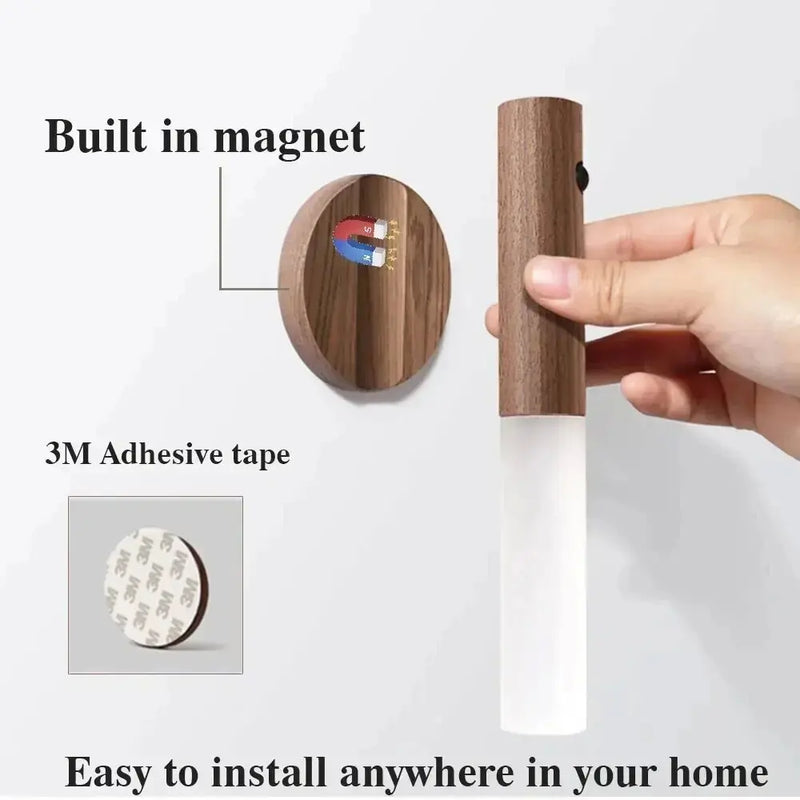 2024 criativo inteligente auto pir sensor de movimento led recarregável magnética luz da noite madeira luz da parede do armário cozinha lâmpada luz