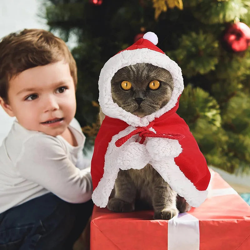 Traje de gato santa cosplay engraçado transformado gato/cachorro animal de estimação capa de natal vestir roupas lenço vermelho manto adereços decoração